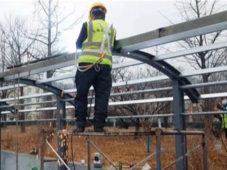 Steel structure engineering of a football stadium stand in an army